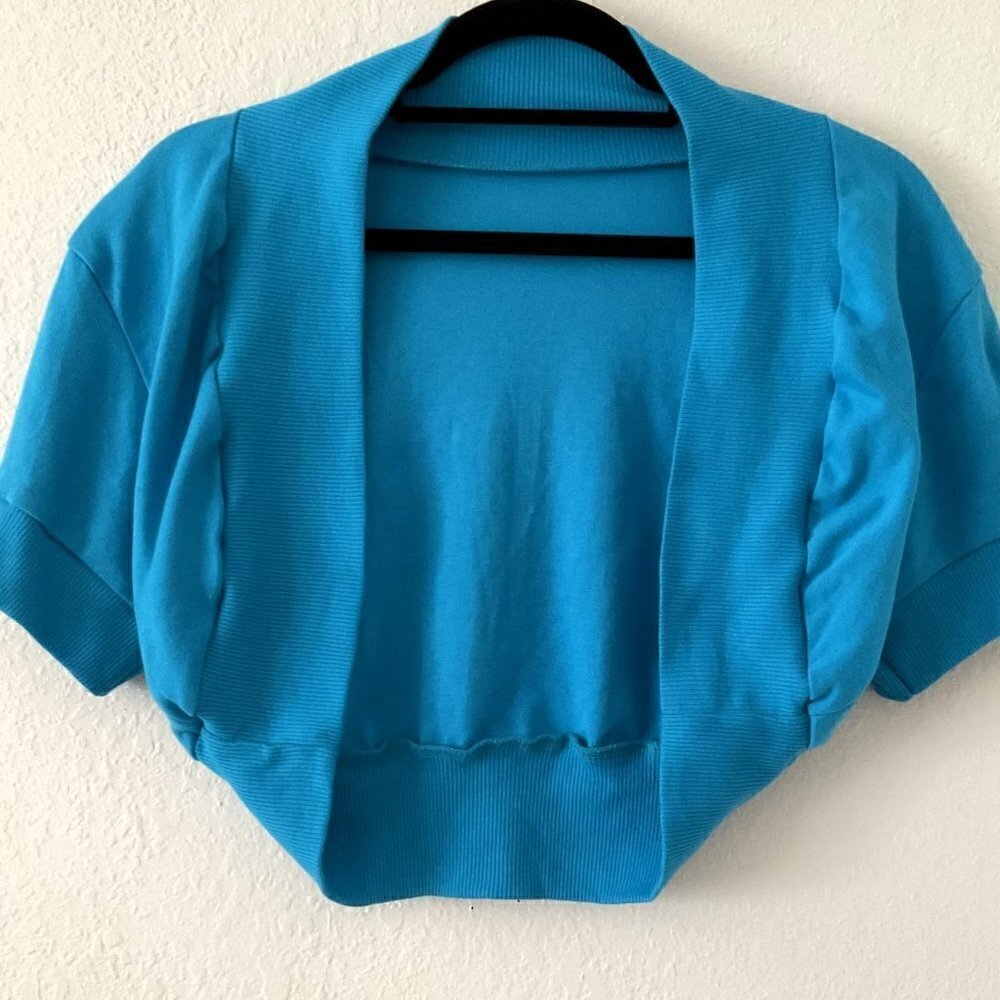 Blue Turquoise Cropped Short Sleeve Open Front Bolero Shrug Cardigan XL